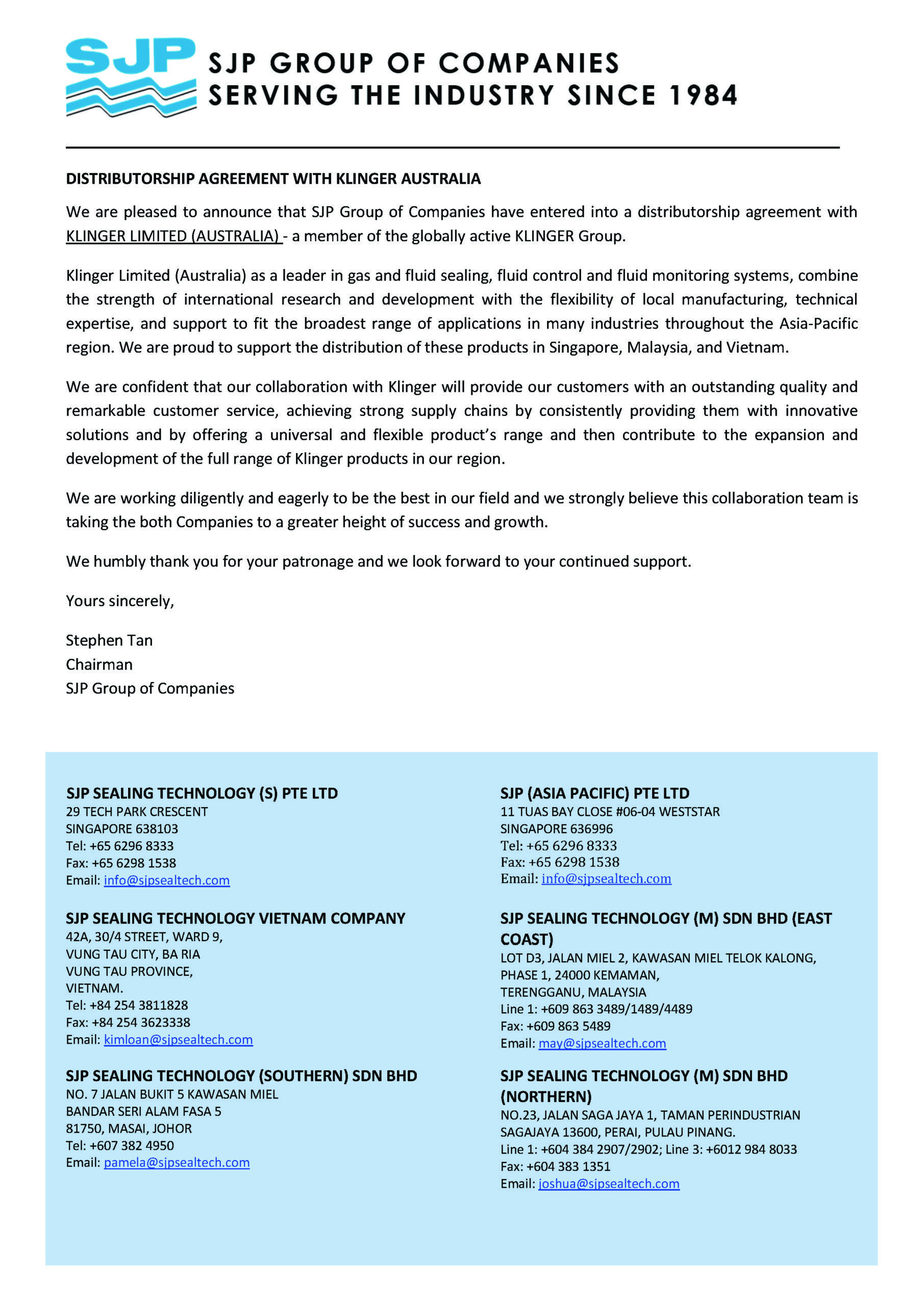 SJP_Announcement of Distributorship agreement with Klinger Australia